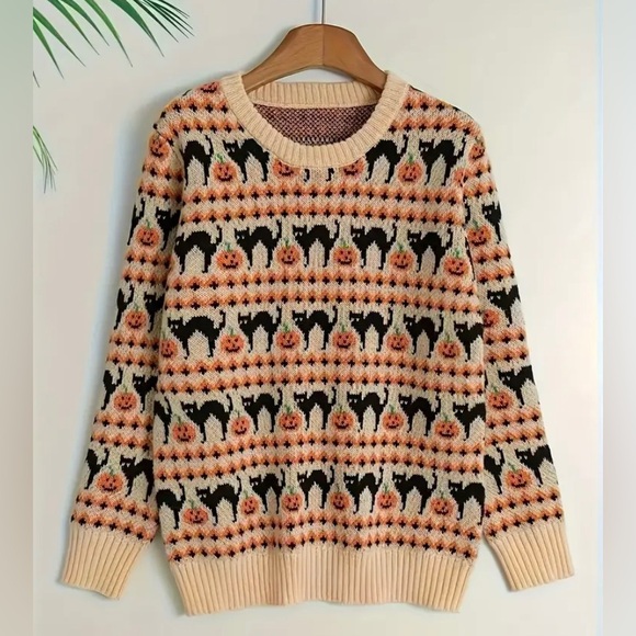 New Pumpkin Black Cat Halloween Sweater Orange Cream Long Sleeve Crew - Picture 2 of 15